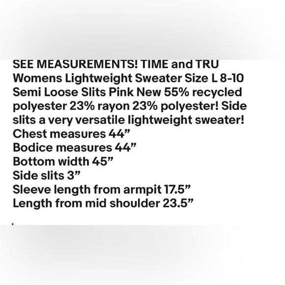TIME and TRU Womens Lightweight Sweater Size L 12-14 Semi Loose Slits Pink New - Picture 7 of 7
